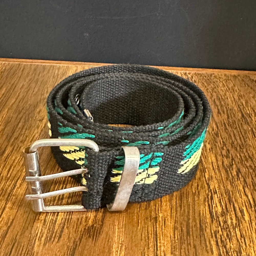 Black Canvas Web Belt Green Yellow Embroidered Geometric Double Prong Buckle 43"
